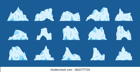 Los icebergs flotantes están listos. Un glaciar, un trozo de hielo. Paisaje antártico y de polos sur y norte, músculo en el mar o océano, temática de invierno y frío. Diseño plano, ilustración vectorial, vector.