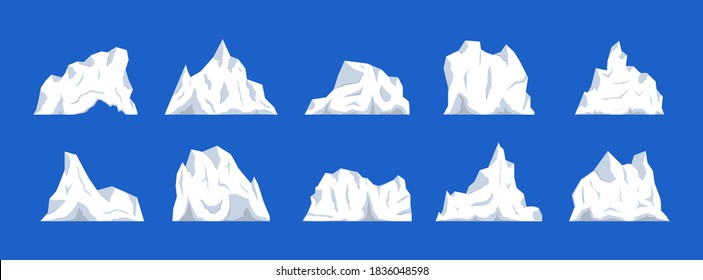 Los icebergs flotantes están listos. Un glaciar, un trozo de hielo. Paisaje antártico y de polos sur y norte, músculo en el mar o océano, temática de invierno y frío. Diseño plano, ilustración vectorial, vector.