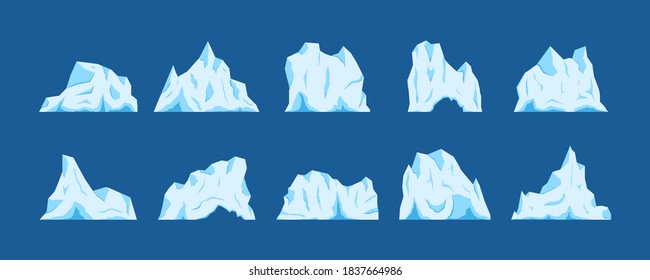 Los icebergs flotantes están listos. Un glaciar, un trozo de hielo. Paisaje antártico y de polos sur y norte, músculo en el mar o océano, temática de invierno y frío. Diseño plano, ilustración vectorial, vector.