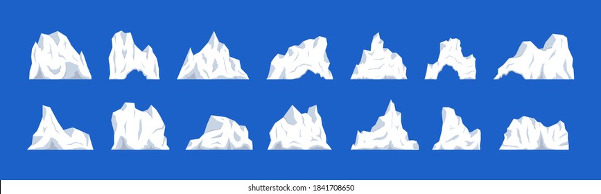 Los icebergs flotantes están listos. Un glaciar, un trozo de hielo. Paisaje antártico y de polos sur y norte, músculo en el mar o océano, temática de invierno y frío. Diseño plano, ilustración vectorial, vector.