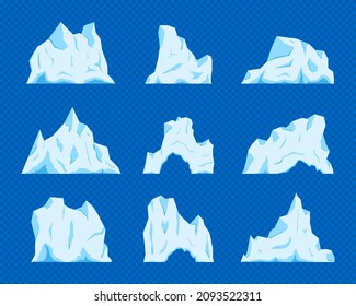 Los icebergs flotantes están listos. Un glaciar, un trozo de hielo. Paisaje antártico y de polos sur y norte, músculo en el mar o océano, temática de invierno y frío. Diseño plano, ilustración vectorial, vector.