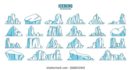 Floating icebergs sketch collection. Drifting arctic glacier, block of frozen ocean water. Icy mountains with snow. Melting ice peak. Antarctic snowy landscape. Outline drawing. Vector illustration.