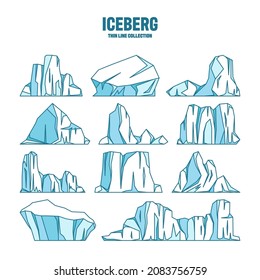 Floating icebergs sketch collection. Drifting arctic glacier, block of frozen ocean water. Icy mountains with snow. Melting ice peak. Antarctic snowy landscape. Outline drawing. Vector illustration.