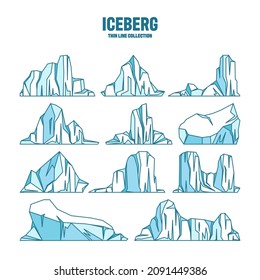 Floating icebergs sketch collection. Drifting arctic glacier, block of frozen ocean water. Icy mountains with snow. Melting ice peak. Antarctic snowy landscape. Outline drawing. Vector illustration.