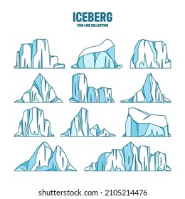Floating icebergs sketch collection. Drifting arctic glacier, block of frozen ocean water. Icy mountains with snow. Melting ice peak. Antarctic snowy landscape. Outline drawing. Vector illustration.