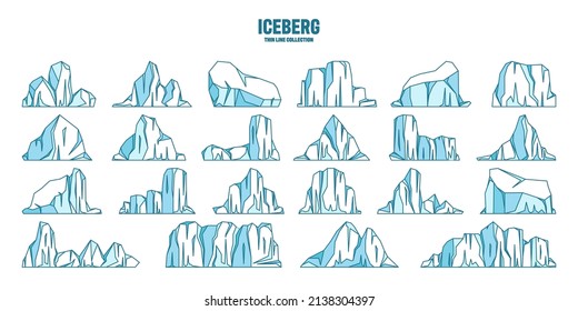 Floating icebergs sketch collection. Drifting arctic glacier, block of frozen ocean water. Icy mountains with snow. Melting ice peak. Antarctic snowy landscape. Outline drawing. Vector illustration.