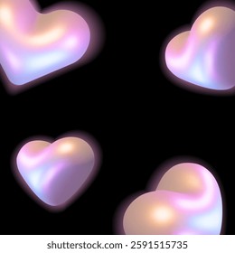 Floating iridescent 3D hearts with a soft glow on black background, modern and futuristic background.romantic themes, greeting cards, social media graphics.Vector illustration