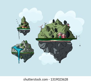 Floating island, 3d fantasy earth, green landscape. Cartoon magic eco illustration. 