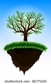 Floating island against clear blue sky, grass and tree growing on the surface