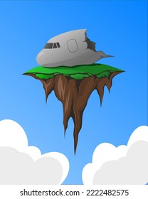 Isla flotante con avión roto encima. Diseño de isla voladora en 2D. Ilustración vectorial de la isla del cielo.