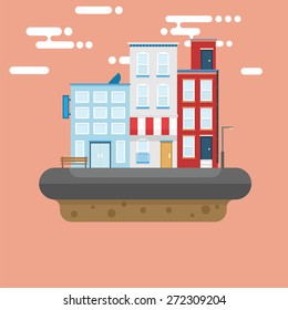 Floating Island with City concept and 3 building