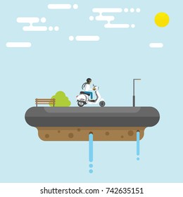 Floating island concept with asphalt and motor over it