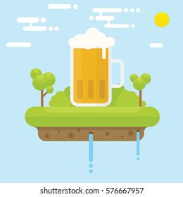 Floating island concept with beer and tree