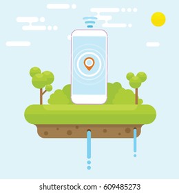 Floating island concept with cellphone and tree
