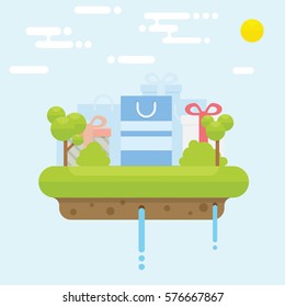 Floating island concept with gift and tree