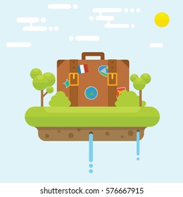 Floating island concept with suitcase and tree