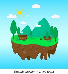 Floating island in flat illustration with mountain, hill, panorama and village atmosphere. Summer time illustration. Summer vector background fit for cover, illustration, banner, poster ect.