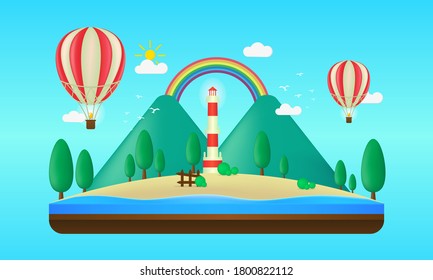 Isla flotante en ilustración plana con montaña, mar y globo de aire. Ilustración panorámica del arco iris. El fondo del vector de verano se ajusta para la cubierta, ilustración, pancarta, afiche ect.