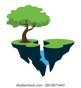 Floating island with a green tree and a blue waterfall flowing down on a white background