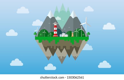 Floating island House Wind turbine Mountain tree that floats in the air have already layer the elements. Mountainous landscape background. flat design vector Illustration