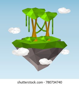 Floating island with jungle in the polygon style color illustration