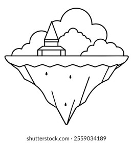 Floating Island Line Art Vector Illustration Icon.