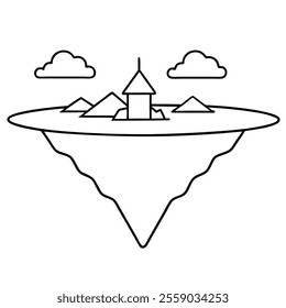Floating Island Line Art Vector Illustration Icon.