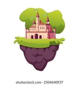 Floating island with medieval castle. Isolated on a white background vector illustration of a castle with towers, flags, and lush greenery on a rock. Perfect for fantasy game backgrounds