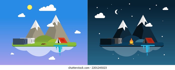 floating island with mountain, bonfire and change of day and night, vector illustration, travel background, flat design
