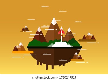 floating island with mountain and with brown background, vector illustration, travel background, flat design background, using for background, banner, business start up concept with rocket launching.