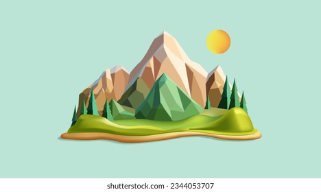 Montaña de la isla flotante con paisaje forestal, ilustración de polietileno 3d, mundo virtual