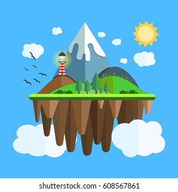 Floating island with mountain, hill, tree and birds. Summer time holiday voyage concept. Illustration in flat style. Travel background.
