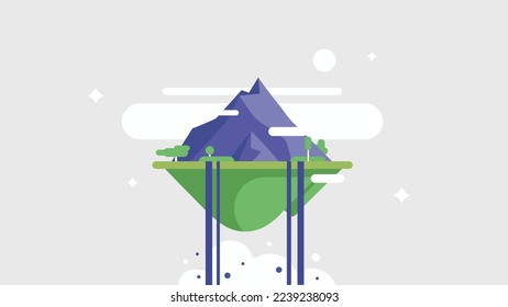 Floating island with mountain, hill and tree.Flat vector graphic.