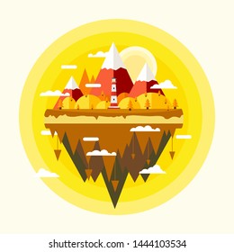 Floating island with mountain and lighthouse flat design