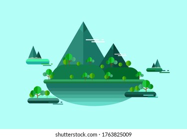 floating island with mountain, trees, and blue background,  flat design background, using for wallpaper, background, and banner.