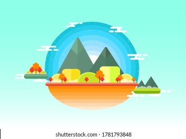 floating island with mountain, trees, and blue sun rise. flat design wallpaper, vector illustration, using for banner, wallpaper, and background.