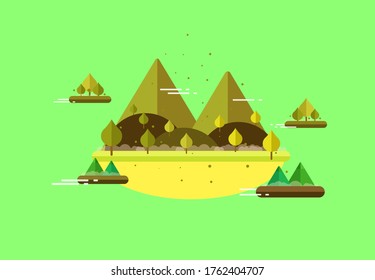 floating island with mountain, trees and green background, peacefull island, green background, vector illustration, flat design background, using for wallpaper, background, and banner.