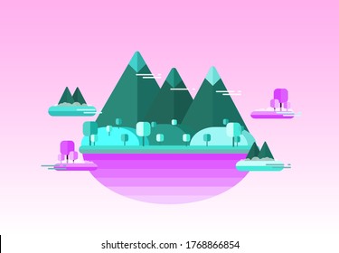 floating island with mountain, trees, and pink background, vector illustration, flat desgn background, funny background, using for banner, wallpaper, and background.