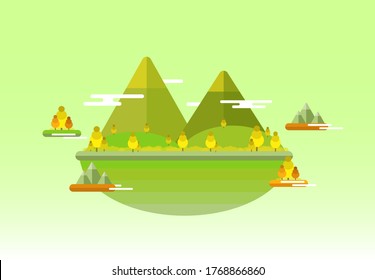 floating island with mountain, trees, and pink background, vector illustration, flat desgn background, funny background, using for banner, wallpaper, and background.