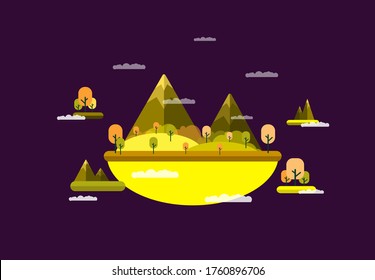 floating island with mountain and trees, with purple background, vector illustration, flat design background, adventure island, using for background, banner, and wallpaper.