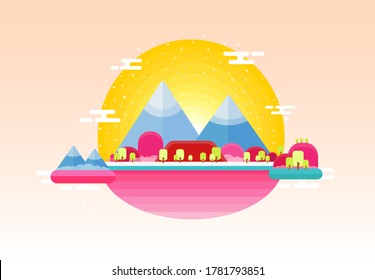 floating island with mountain, trees, and sun rise. flat design wallpaper, vector illustration, using for banner, wallpaper, and background.