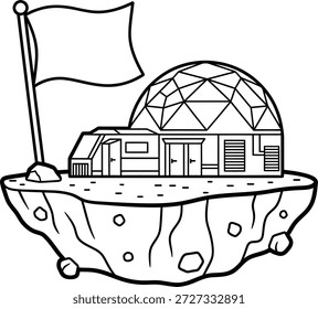 Posto avançado de ilha flutuante com cúpula geodésica e vetor de bandeira