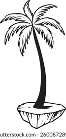 Floating Island with Palm Tree, Tropical Silhouette, Black and White Vector