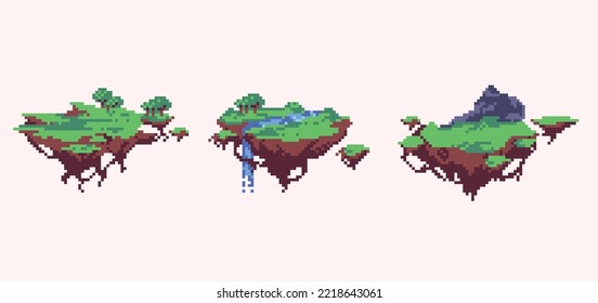 Floating island pixel art set. Surreal flying ground collection. 8 bit sprite. Game development, mobile app.  Isolated vector illustration.