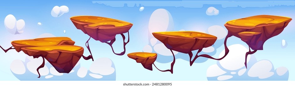 Floating island platform for arcade game level landscape. Cartoon vector flying in blue sky with clouds ground pieces with sand on top an roots for jump. Adventure videogame interface scene.