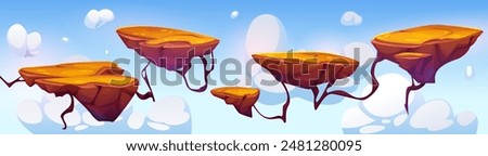Floating island platform for arcade game level landscape. Cartoon vector flying in blue sky with clouds ground pieces with sand on top an roots for jump. Adventure videogame interface scene.