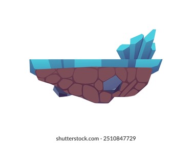 Plataforma de isla flotante con formación de cristal azul y base rocosa marrón. Aislado en una Ilustración vectorial de fondo blanco para el diseño del juego, con una masa de tierra suspendida con cristales azules angulares