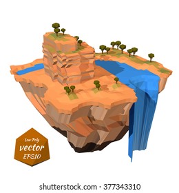 Floating island with a rock waterfall. Lowpoly style. Vector illustration