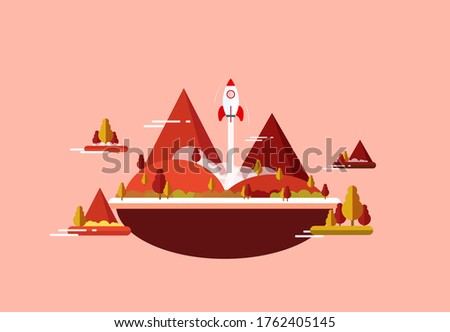 floating island with rocket launching, mountain, trees, and pink background, vector illustration, travel background, flat design background, using for wallpaper, banner, and background.