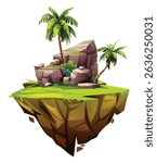 Floating island scene with palm trees and large rocks on green surface. Vector cartoon illustration